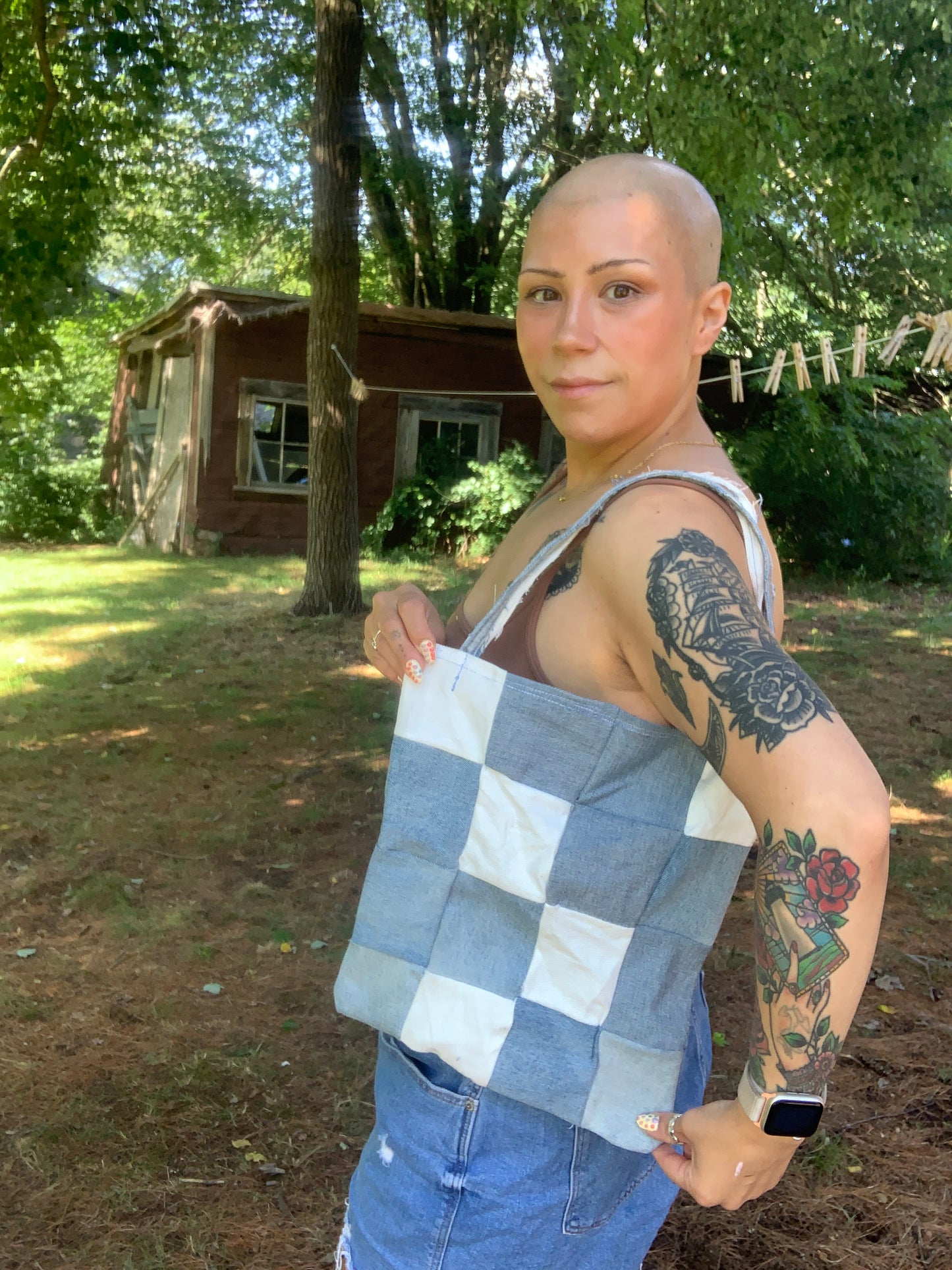 Denim checkered bag