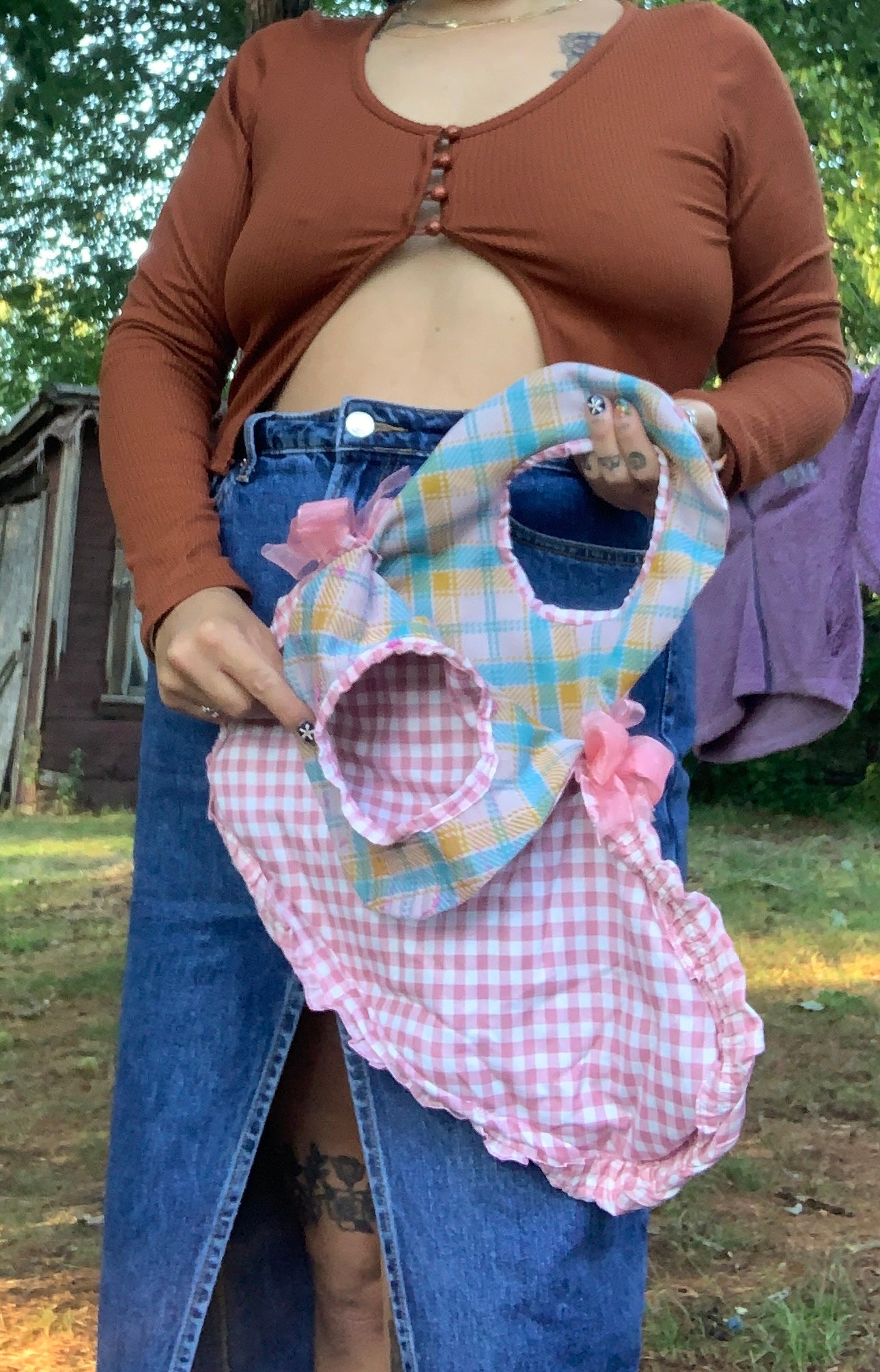 Large pink gingham heart bag