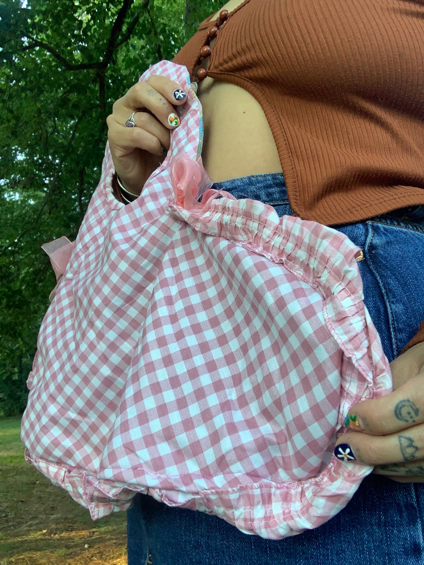 Large pink gingham heart bag