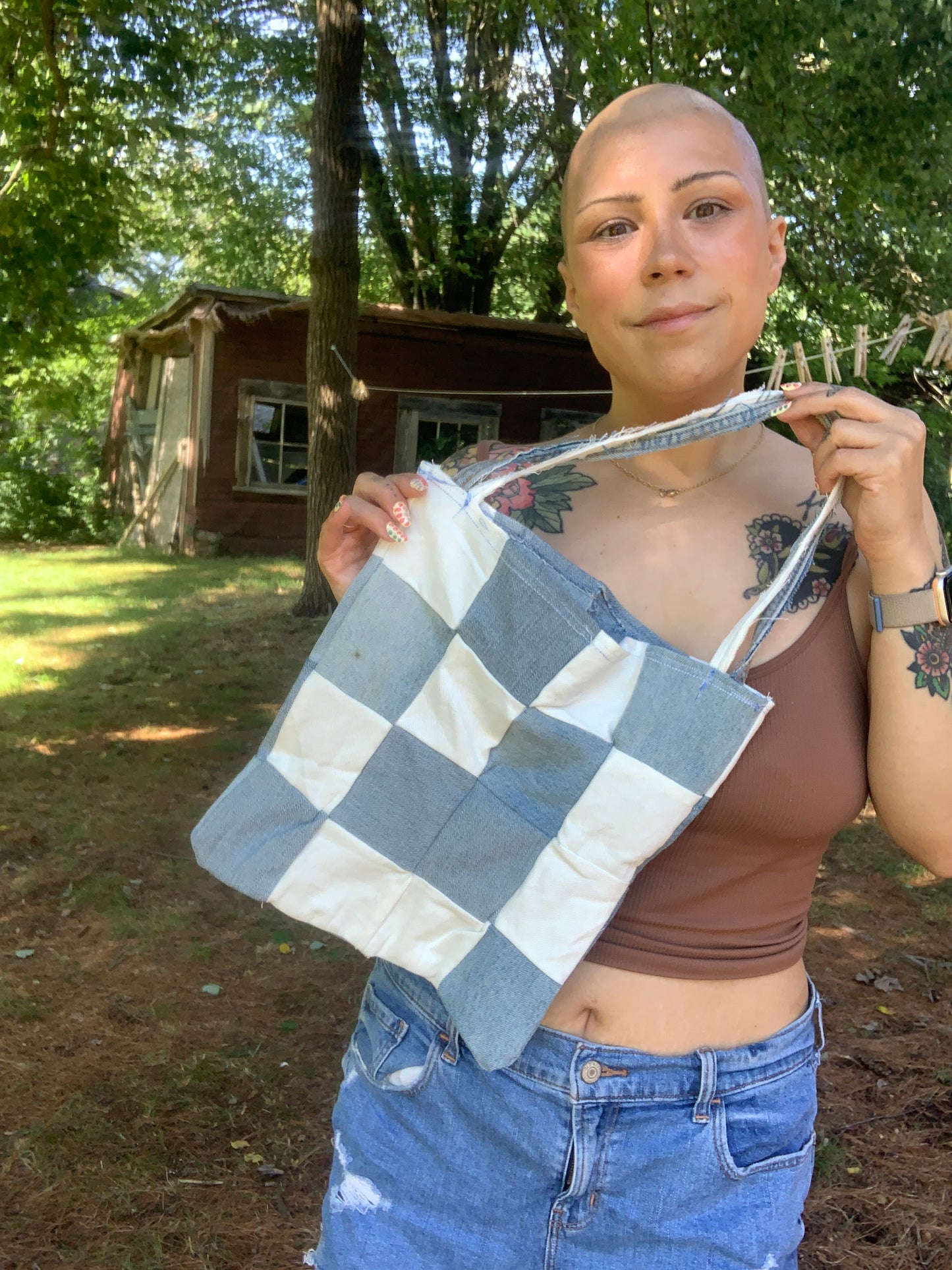 Denim checkered bag